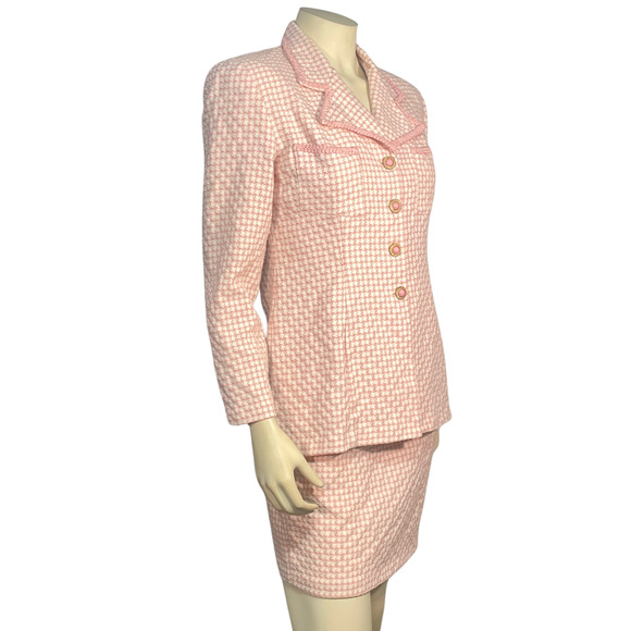 Vtg 90's Moda Int'l Sz 10 2 Pc Suit Blazer & Mini Skirt Pink Houndstooth Tweed - Picture 3 of 13
